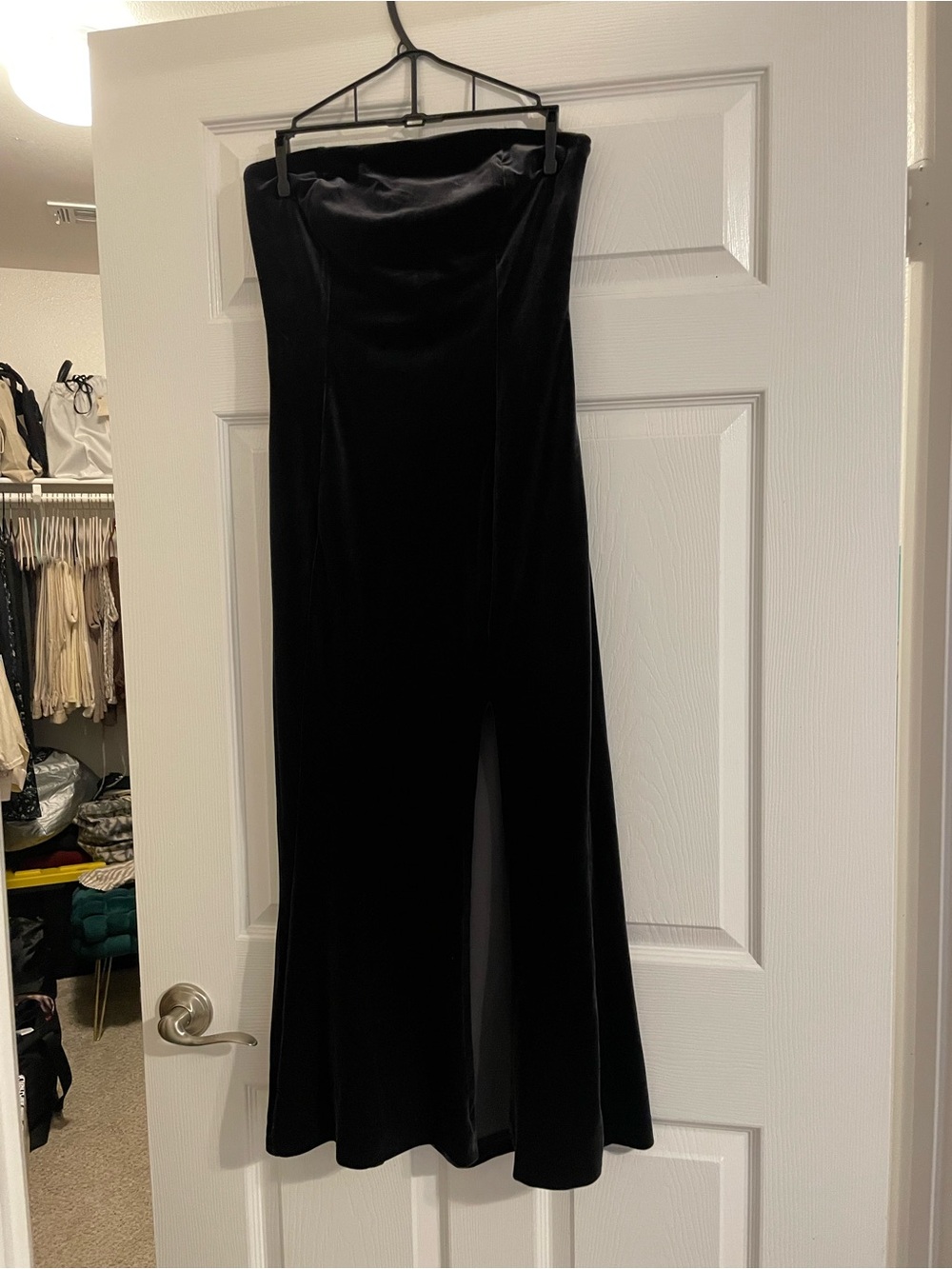 Black Velvet Strapless Slit Maxi Dress